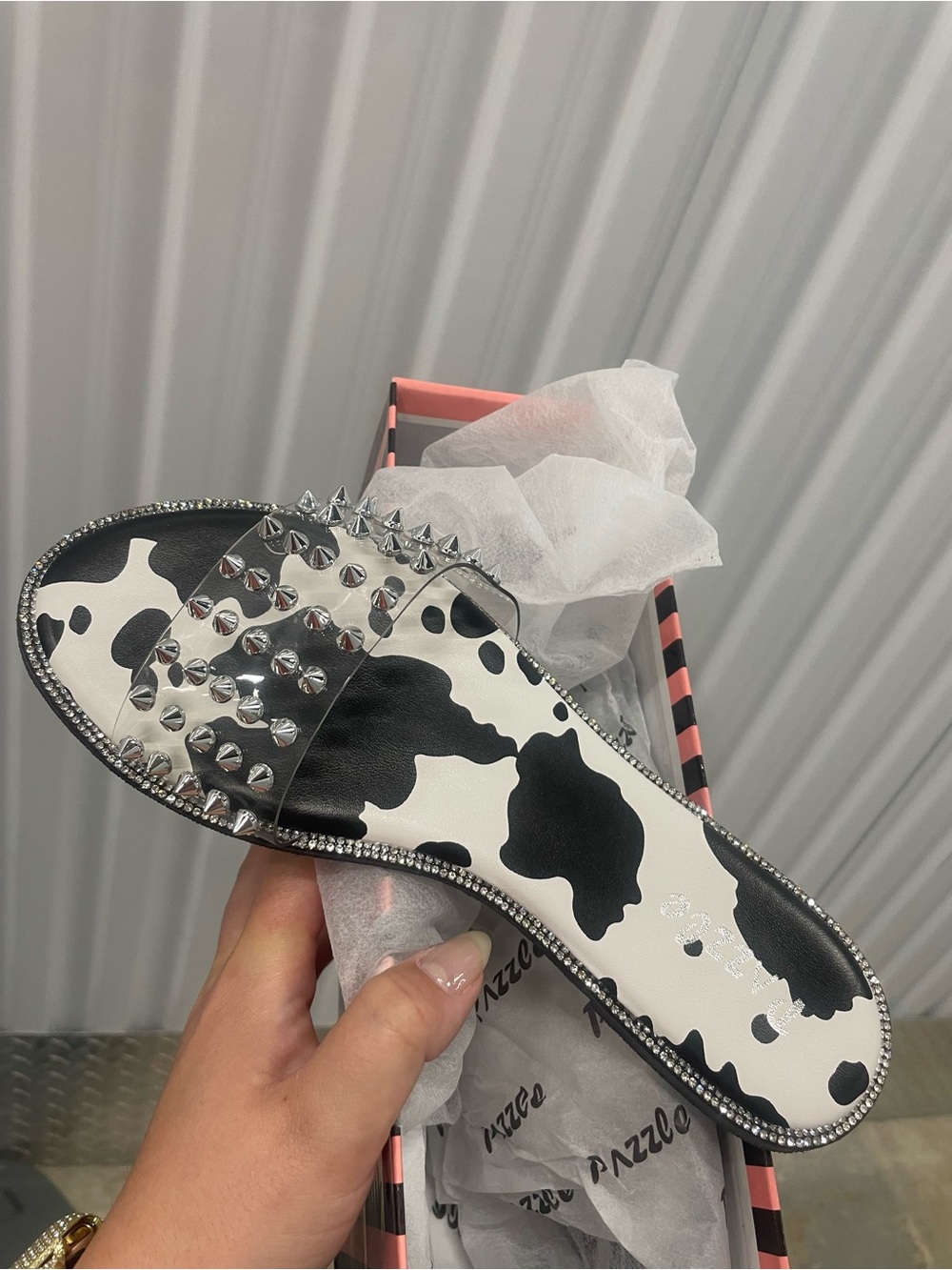 Fay Black & White Cow-Print Stud Slide Sandal